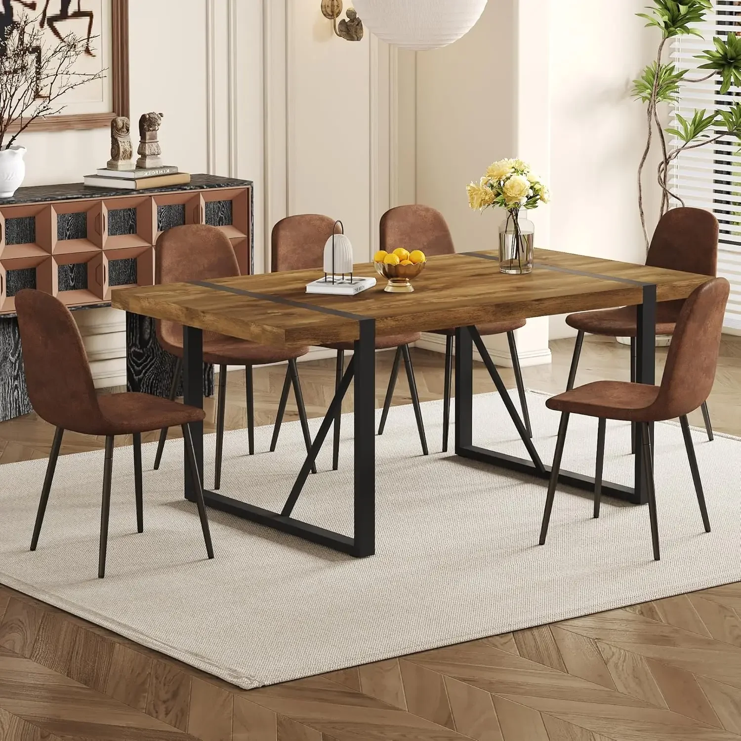 Dining Table Set for 6, Modern 71'' Dark Wood Dining Table and Fabric Dining Chairs Set of 6,Table and Chairs Set of 6