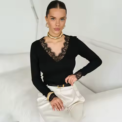 Tornova V neck Lace T shirt Top Women Sexy Navel Exposed Pullover Fashion Splice Hot Girl Club Party Top Autumn New Lady T shirt - Image 3