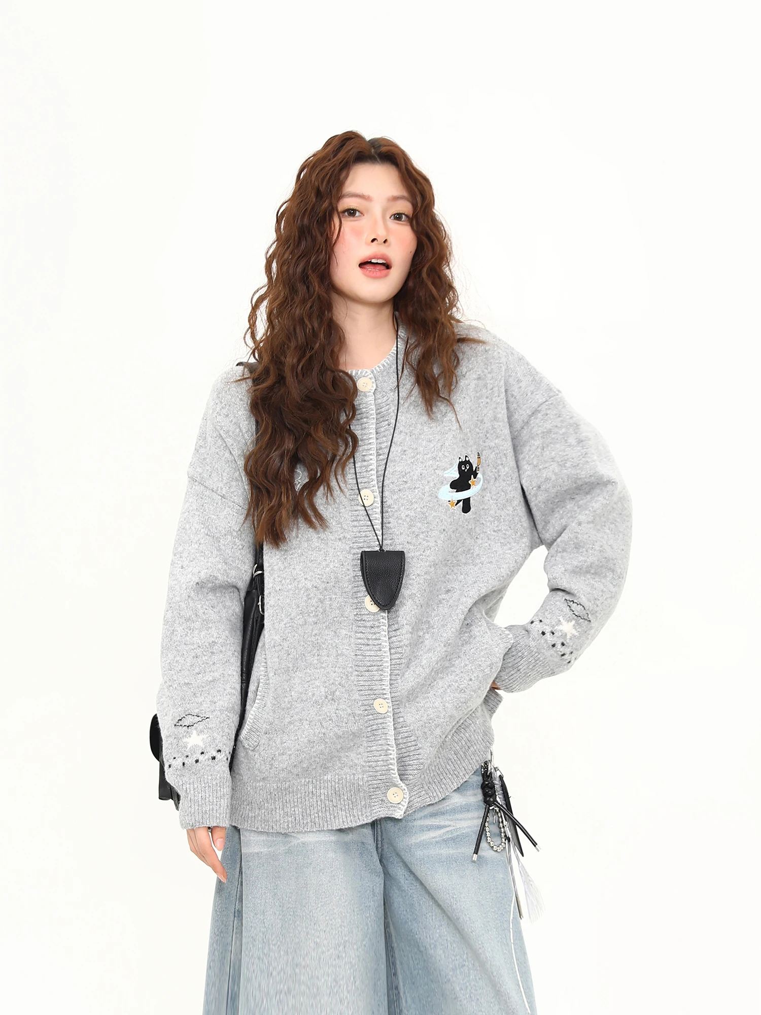 

Wild American Retro Open Cardigan Sweater Women Loose Lazy Sle Knitted Outerwear Trendy Autumn Winter Streetwear round Ne...