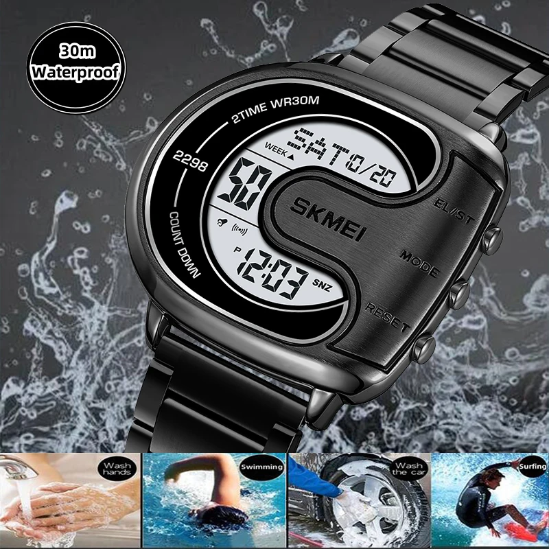 Skmei Mens Digital Waterproof Watches Luxury Stainless Steel Band Led Chronograph Alarm Clock Fashion Stopwatch Sports Dual Time