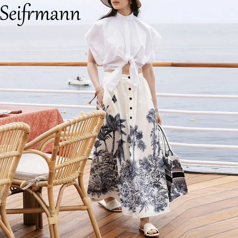 

Seifrmann, Новое летнее поступление, женский костюм для отпуска, однобортный топ с воротником-стойкой + простая юбка с принтом, хлопковый комплект из 2 предметов