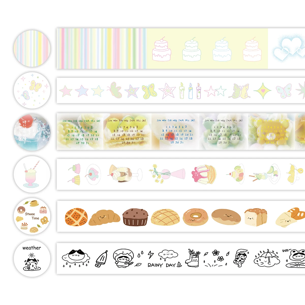 WAKAWAKA 와시 테이프, 음식 스크랩북 재료, 데코 마스킹 테이프, 달력 스티커, 먼 디저트 편지