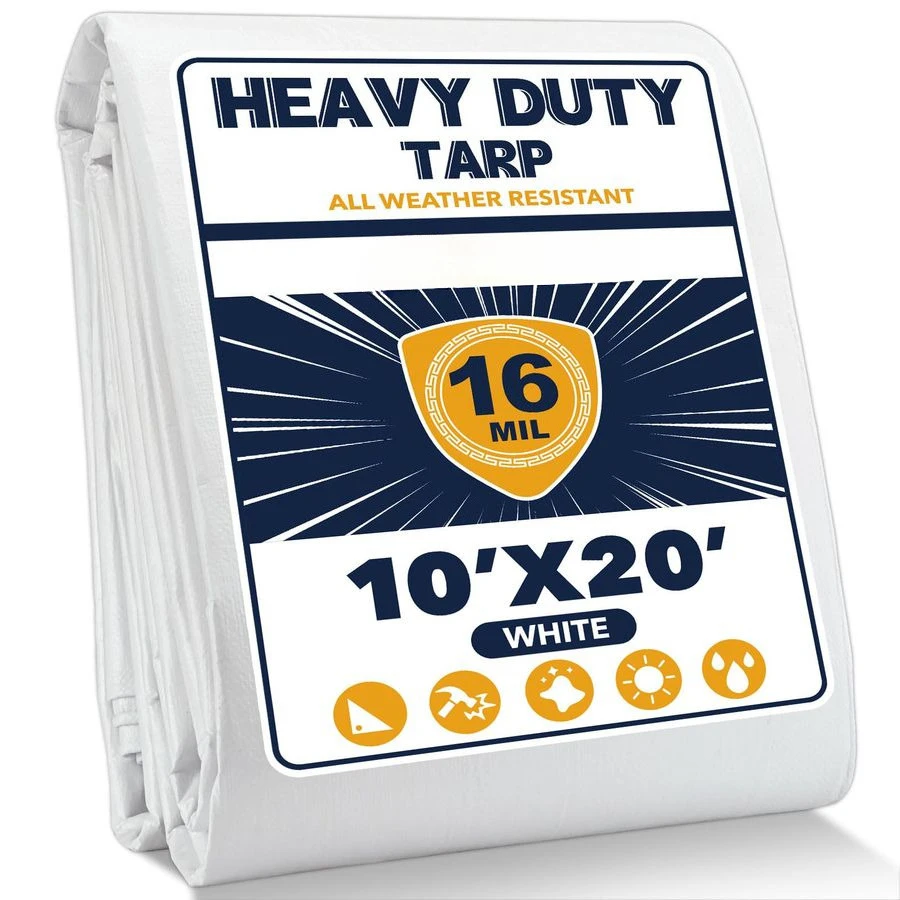 

16 Mil Heavy Duty Waterproof White Tarp, 10x20 ft, 100 Virgin Polyethylene, Reinforced Grommets, UV Resistant Outdoor Tarp for S
