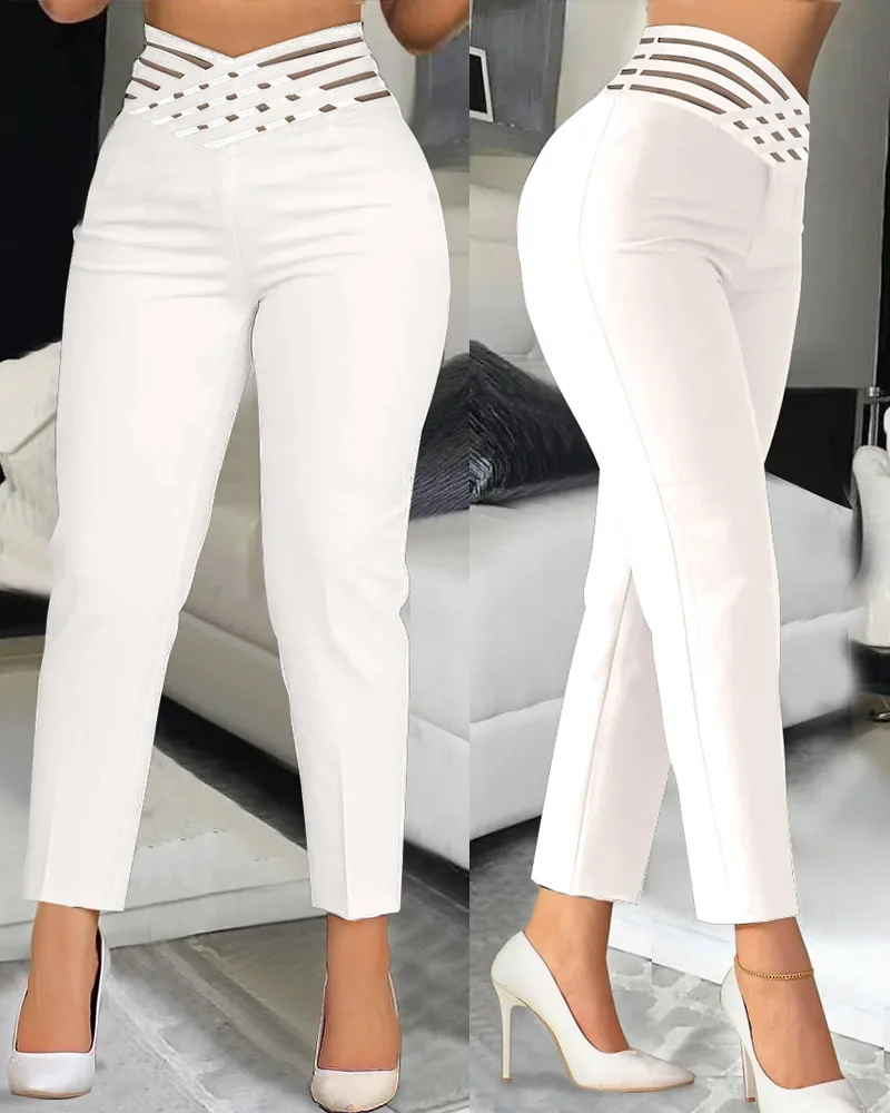 

Elegant Pants for Women Clothing Streetwear 2024 Summer Fashion Versatile Overlap Waist Hollow Out Sheer Mesh Y2K Work Trouses