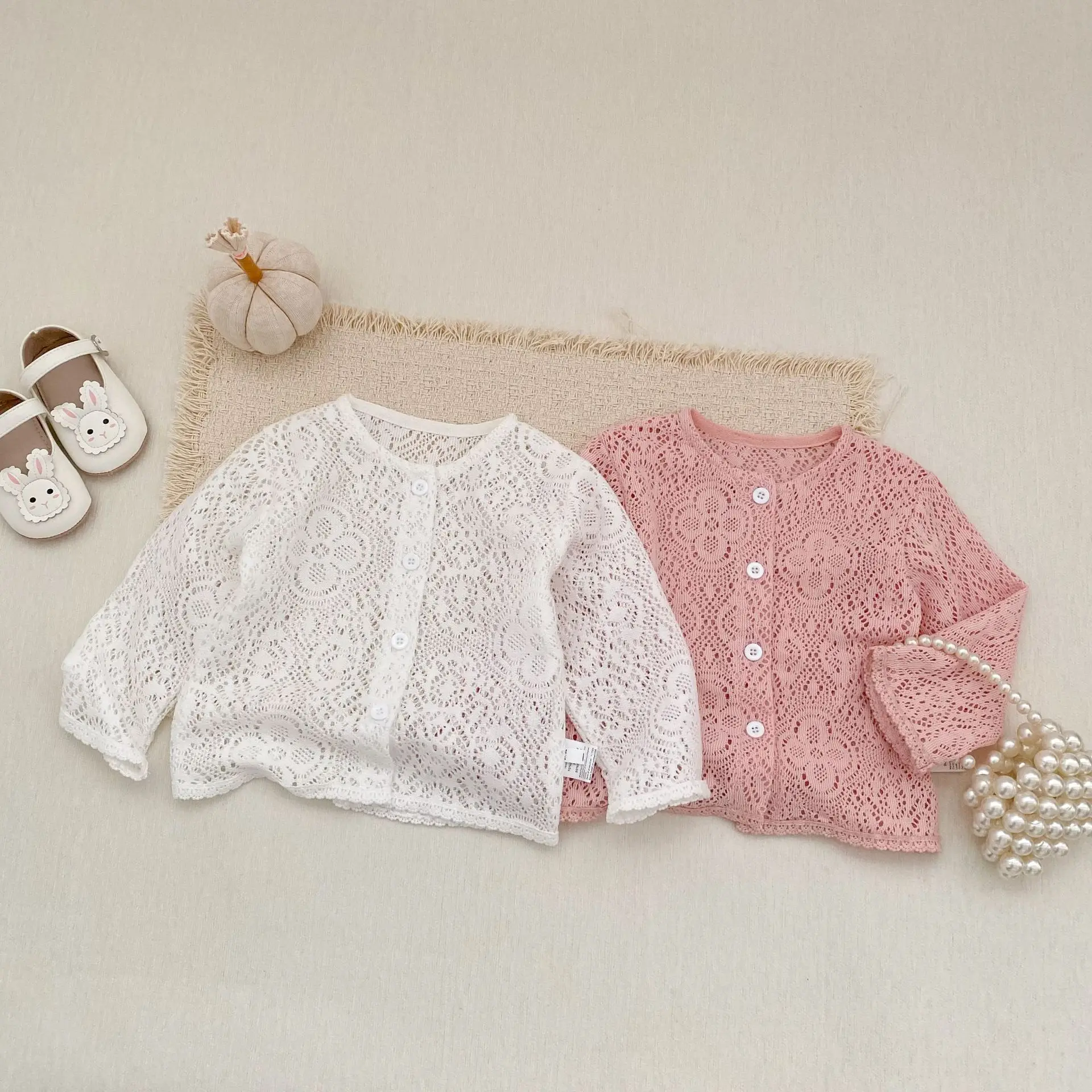 2026 Spring New Baby Long Sleeve Coat Girls Cute Hollow Out Flower Cardigan Infant Cotton Soft Coat Toddler Clothes