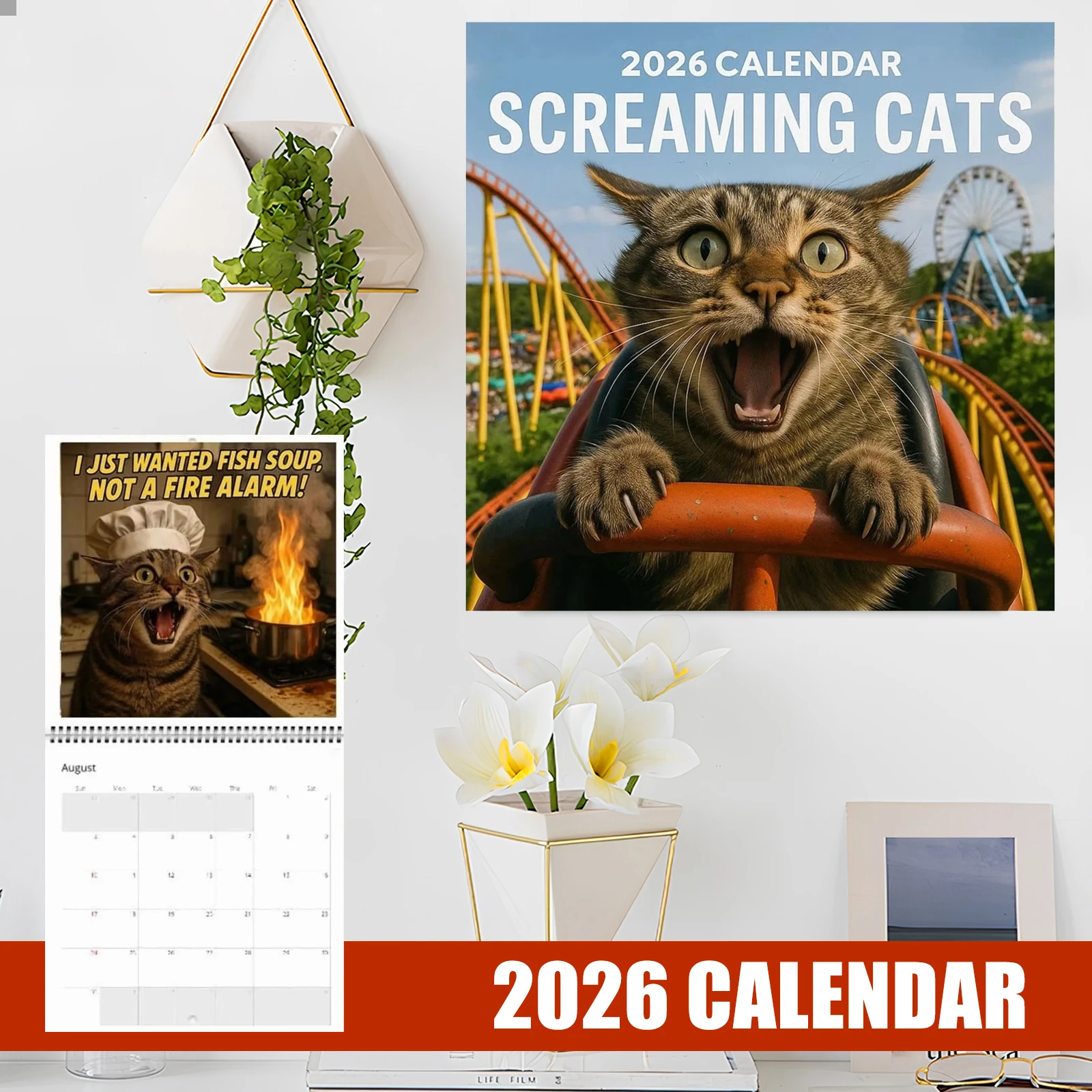 

Календарь с кричающими кошками на 2026 год, настенный календарь с забавными кошками, настенный календарь на 2026 год, подарок для семьи и друзей