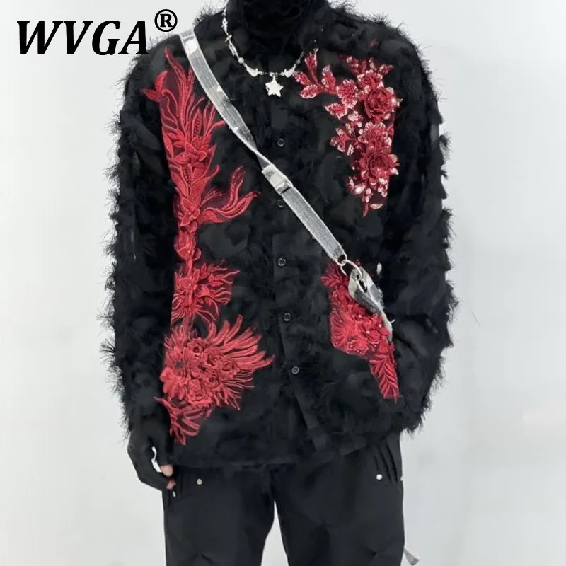 

WVGA Shirts Spring Autumn New Man High Street Mesh Patchwork Embroidery Trendy Design Niche Chic Casual Long Sleeved Tops W11314