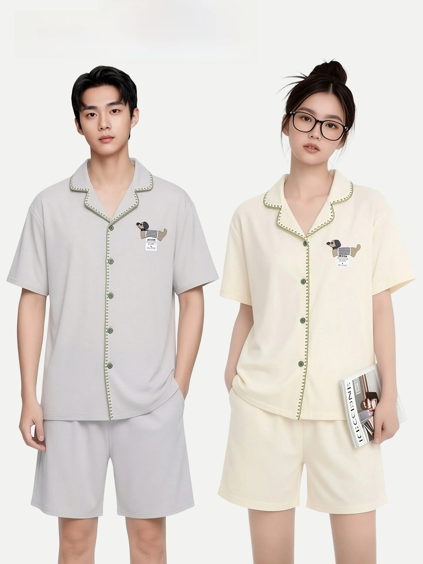 

PinkBread Plaid Dog Couple Pajamas Pure Cotton Short Sleeve Embroidered Summer Home Clothes Suitable for Outdoor Wear