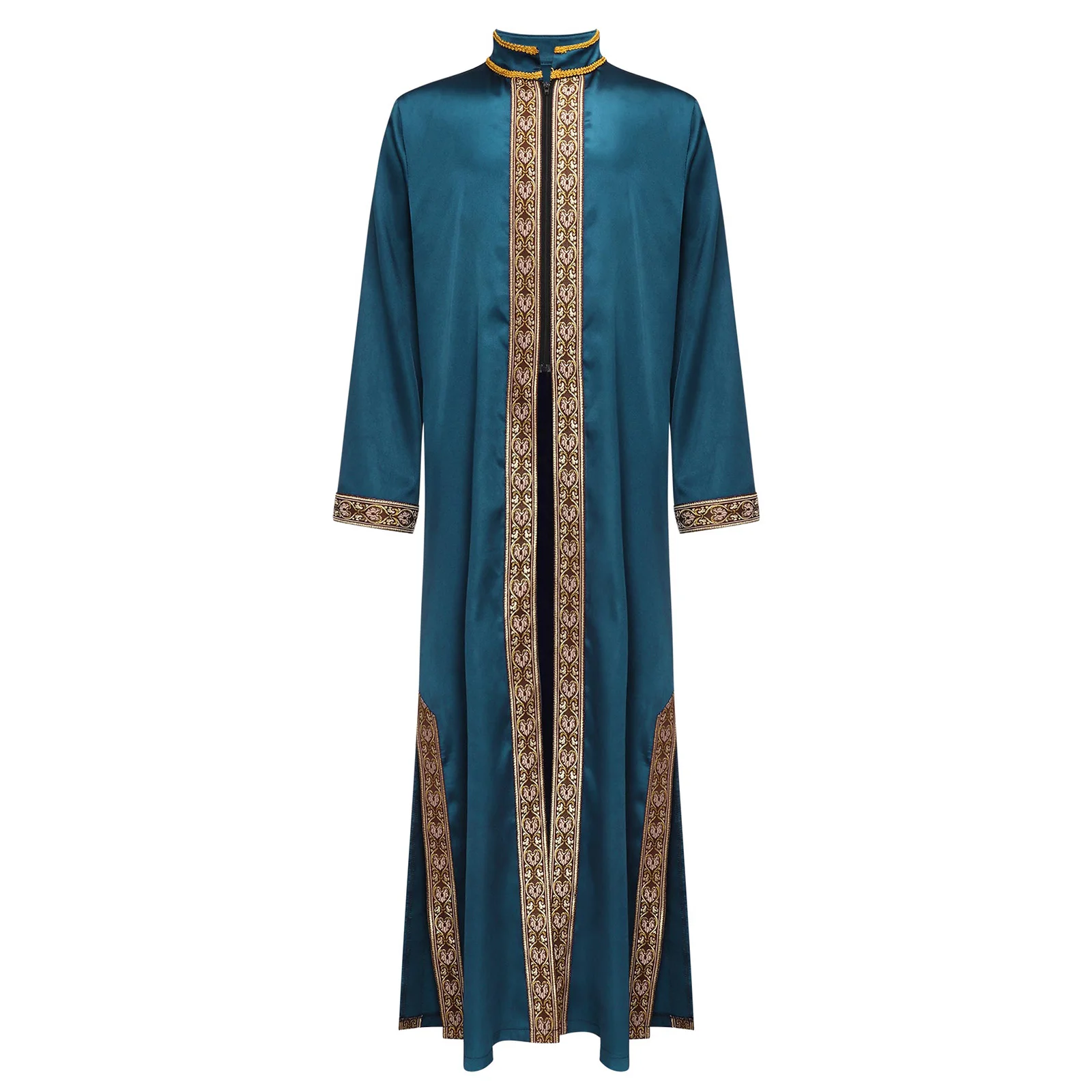 Elegant Islamic Thobe for Boys Gold Embroidery And Stand Collar Robe Perfect for Eid Festival And Religious Ceremonies
