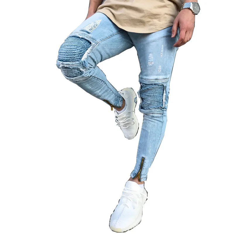 Streetwear Mens Straight Jeans Men Side Straps Zips Biker Casual Slim Fit Blue Goth Trousers Men Punk Skinny Denim Pants