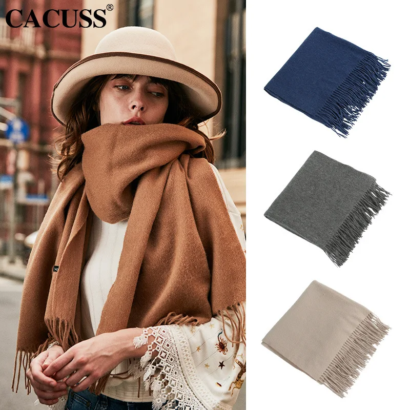 Pure Wool Scarf Wholesale Female Winter Korean Version Fashion Pure Color Thickened Warm Scarf Tassel Shawl Outdoor Long Cloak