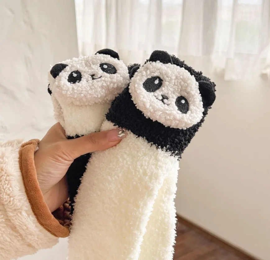 Calcetines mullidos cálidos de invierno para mujer, calcetines Kawaii para dormir en el suelo del hogar, Panda 3D, lindo Animal, forro polar grueso, moda japonesa peluda, estilo coreano