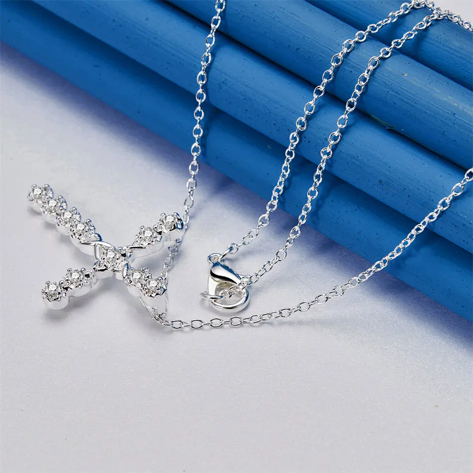 

925 Sterling Silver Cross Zircon Pendant Necklace 16-30 Inch Exquisite Fashion Wedding Jewelry for Women