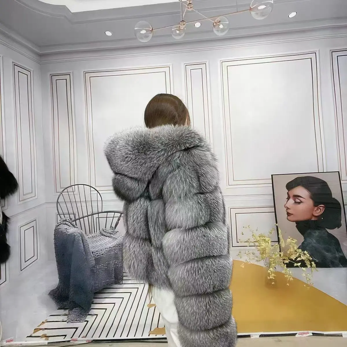 A genuine fox fur jacket made entirely of fox skin, featuring a new version of the white fox silver fox fur jacket