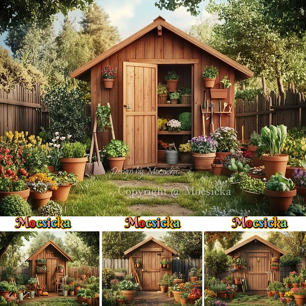 Gardening Tools Photo - Mocsicka Easter Backdrop Photography Wooden Shed