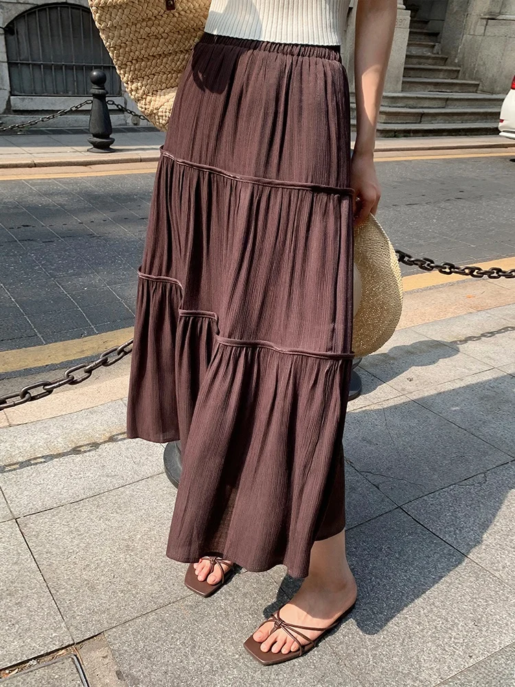 

High Waist A-Line Midi Skirt Women's Coffee Color Draped Loose Slimming Fulln Korean Sle Commute f-length Skirt