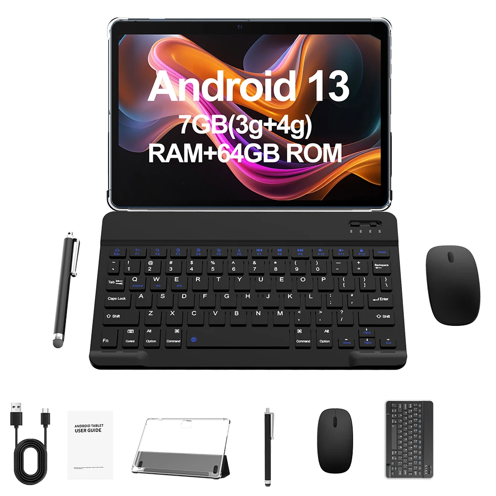 

10-inch Android 13 tablet, 7GB (3g+4g memory expansion) RAM+64GB ROM, 2MP+8MP dual camera, supports WiFi, Bluetooth, equipped wi