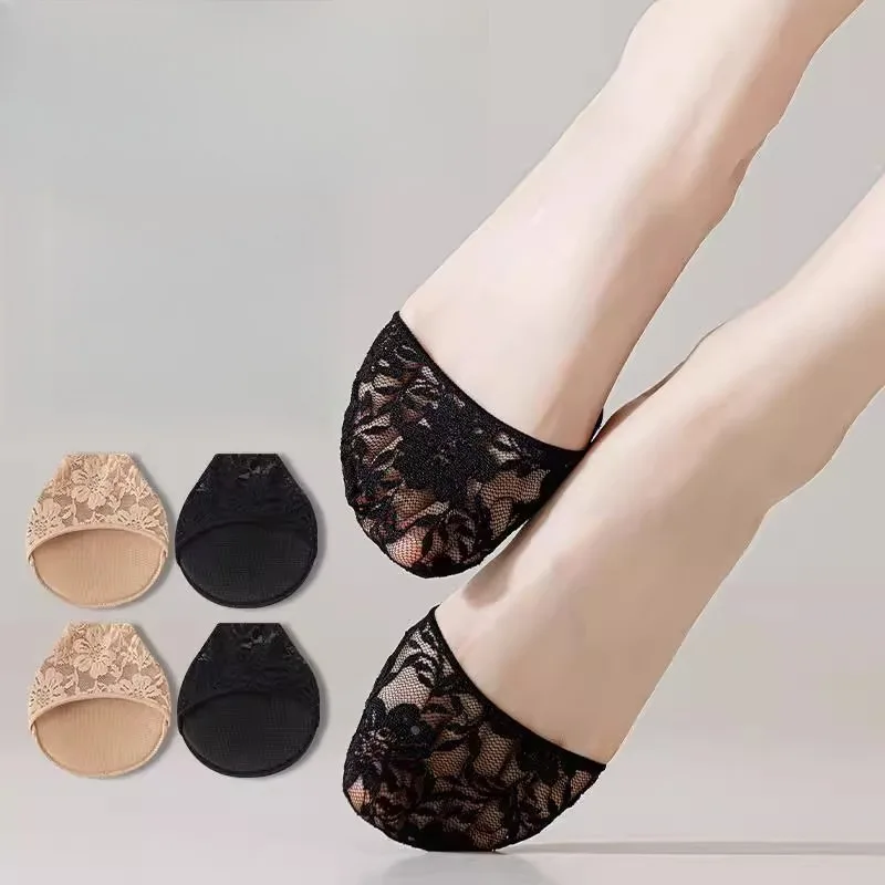 1/2Pairs Women Sexy Lace Toe-Cover Socks Skin No Show Forefoot Pads Non-Skid Silicone Bottom Feet Care Socks Insert High Heels