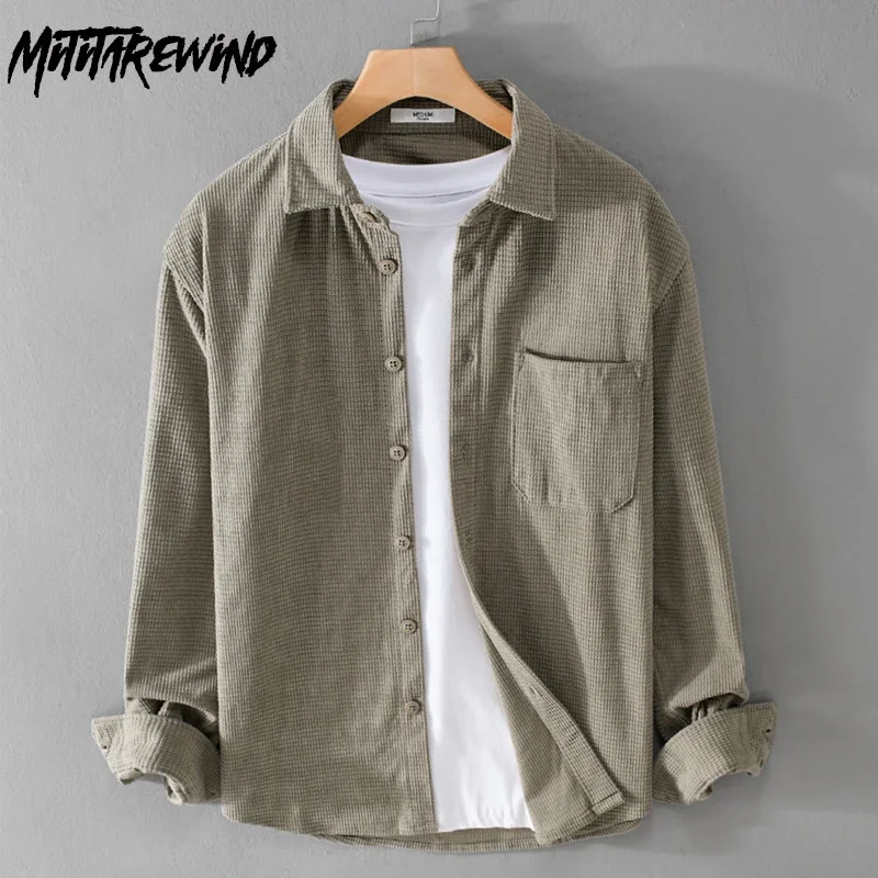 

Fall Winter Mens Shirt Japanese Vintage Clothes Daily Casual Shirts Solid Lapel Pocket Corduroy Long Sleeve Shirt Man Simple Top