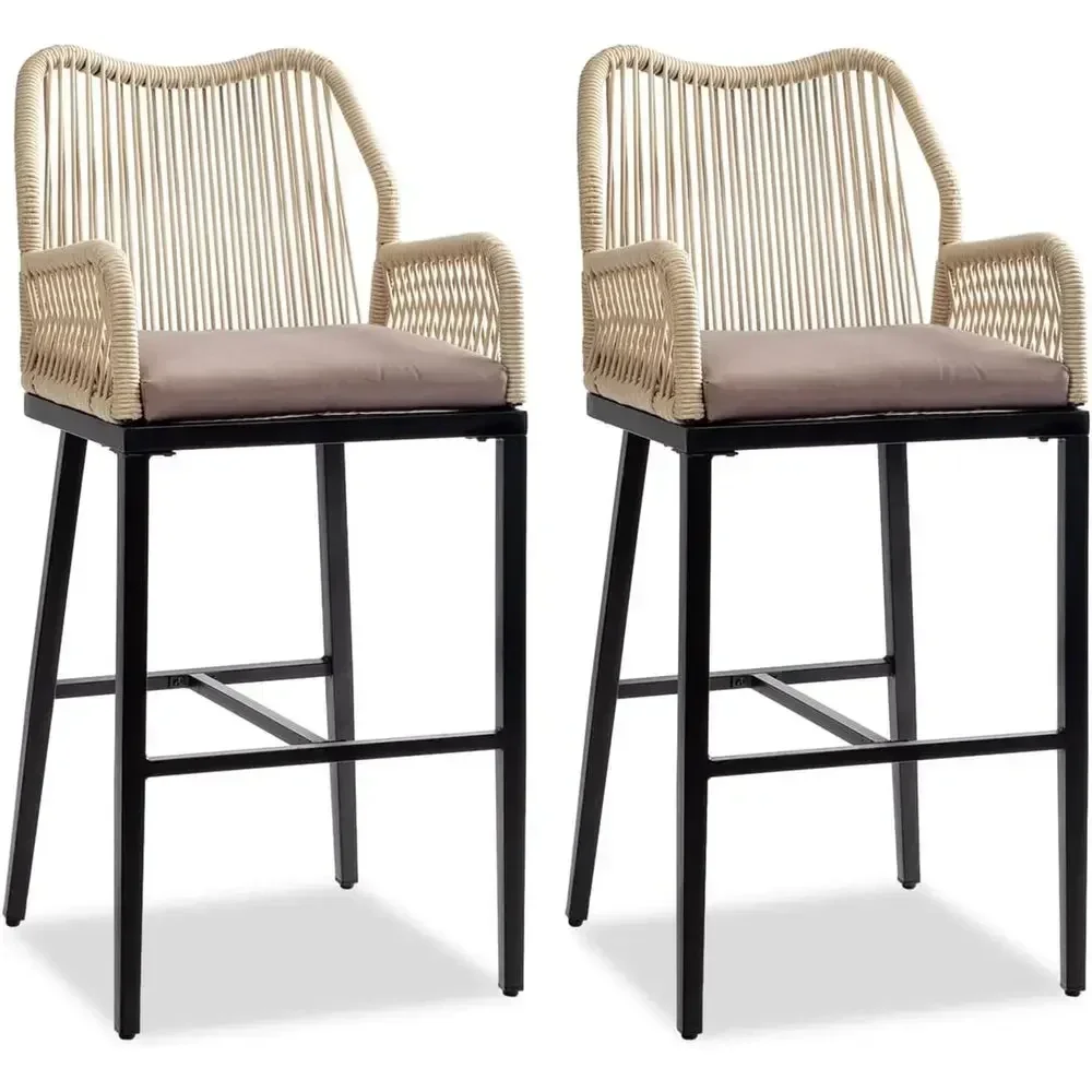 SORA Woven Rope and Aluminum Alloy Japandi Outdoor Bar Stools set of two on white background