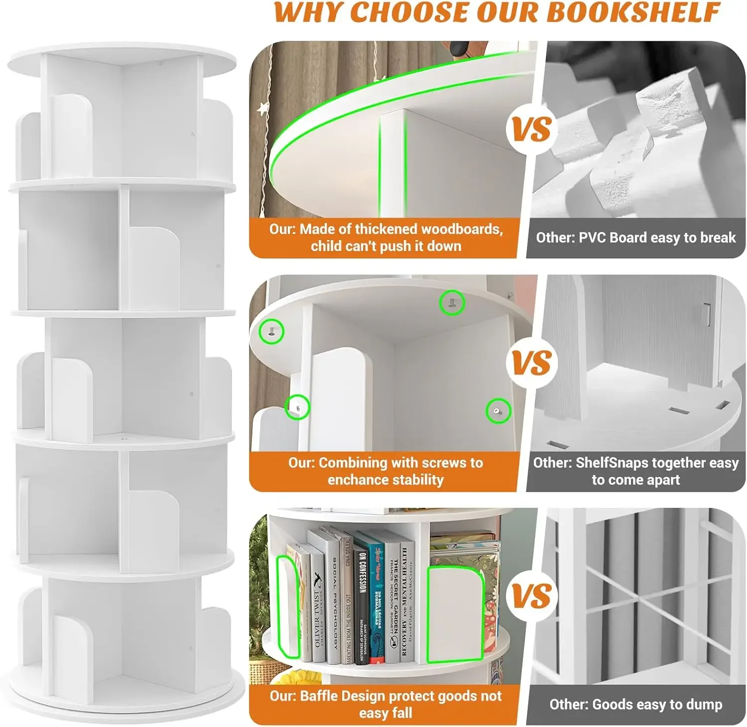 Rotating Bookshelf, 360 Display Wood Spinning Bookshelf Tower, 5 Tier Floor Standing Bookcase Storage Rack, Revolving Bookcase C