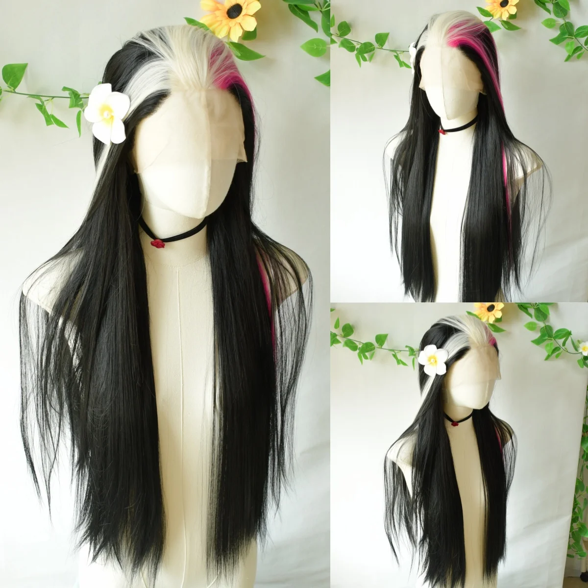 Black Highlight White Pink Bone Straight Lace Front Wigs 13x4 HD Lace Wig PrePlucked Synthetic High Quality Cosplay pelucas