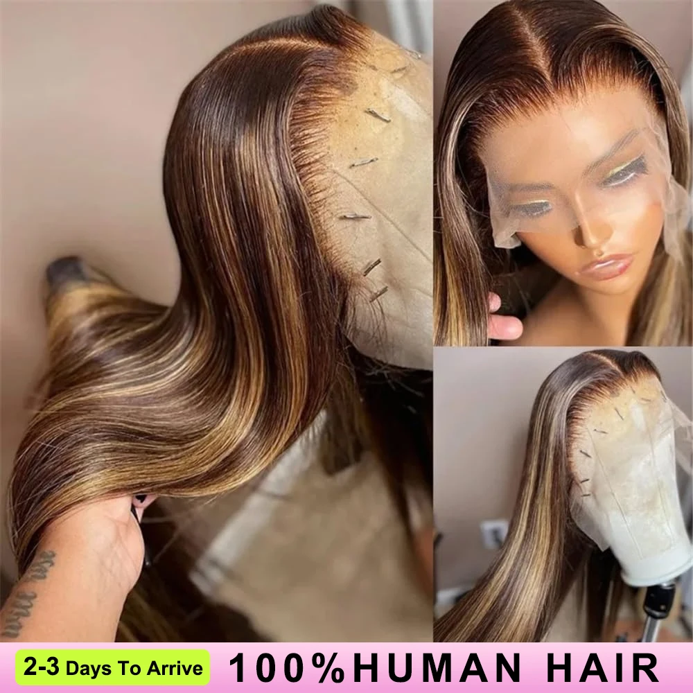 Pelucas de cabello humano liso de 50 pulgadas, peluca destacada de cabello humano 13x6 Hd, peluca Frontal de encaje, peluca recta 13x6 4/27 peluca ombré rubia miel