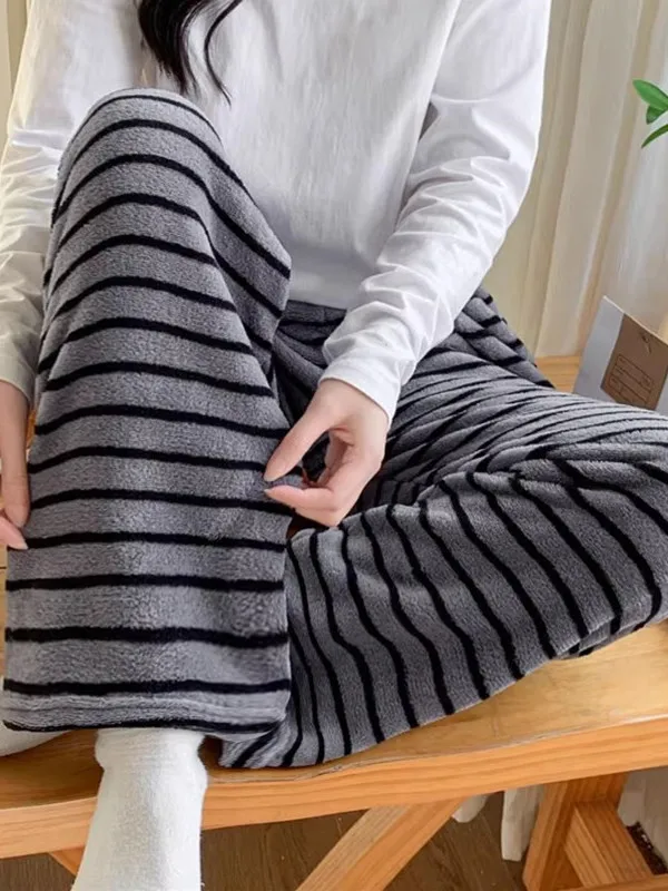 

Comfortable Thickened Coral Fleece Sleep Pants Women's Winter Straight Leg Home Leisure Long Pants Striped Pattern Unisex