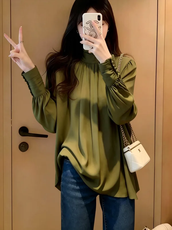 

Ele Unique Sli Casual irt Spring 2026 Design Sensation Slimming Loose Fit Long Sve f High Collar Commute Wear
