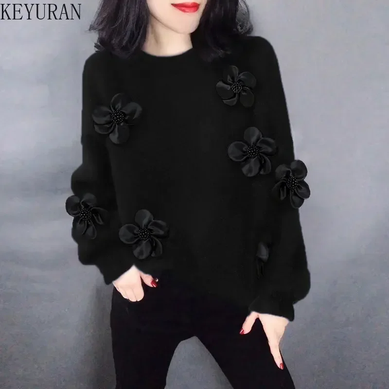 Black Three-dimensional Flower Sweater Women\'s Jumper 2024 Autumn Winter Long Sleeve Casual Loose Knitted Pullovers Sueter Mujer