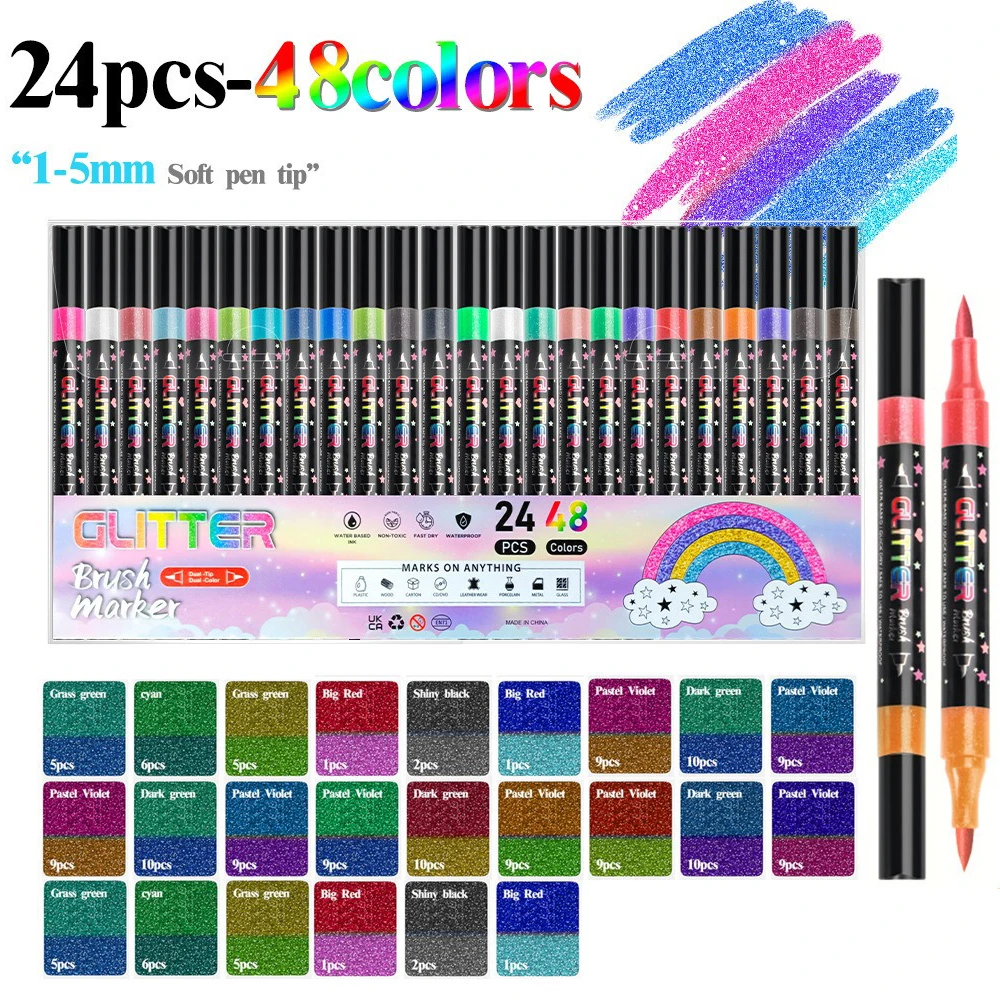 24/48Colors Glitter Acrylic Markers Paint Pens Sparkly and Shiny for Rock Painting Stone Ceramic Glass Wood Fabric Scrapbooking