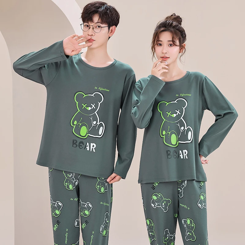 

Big Size M-4XL Couple Pajamas Set Cute Cartoon Knited Cotton Sleepwear Women and Men Long Sleeve Pijamas Mujer