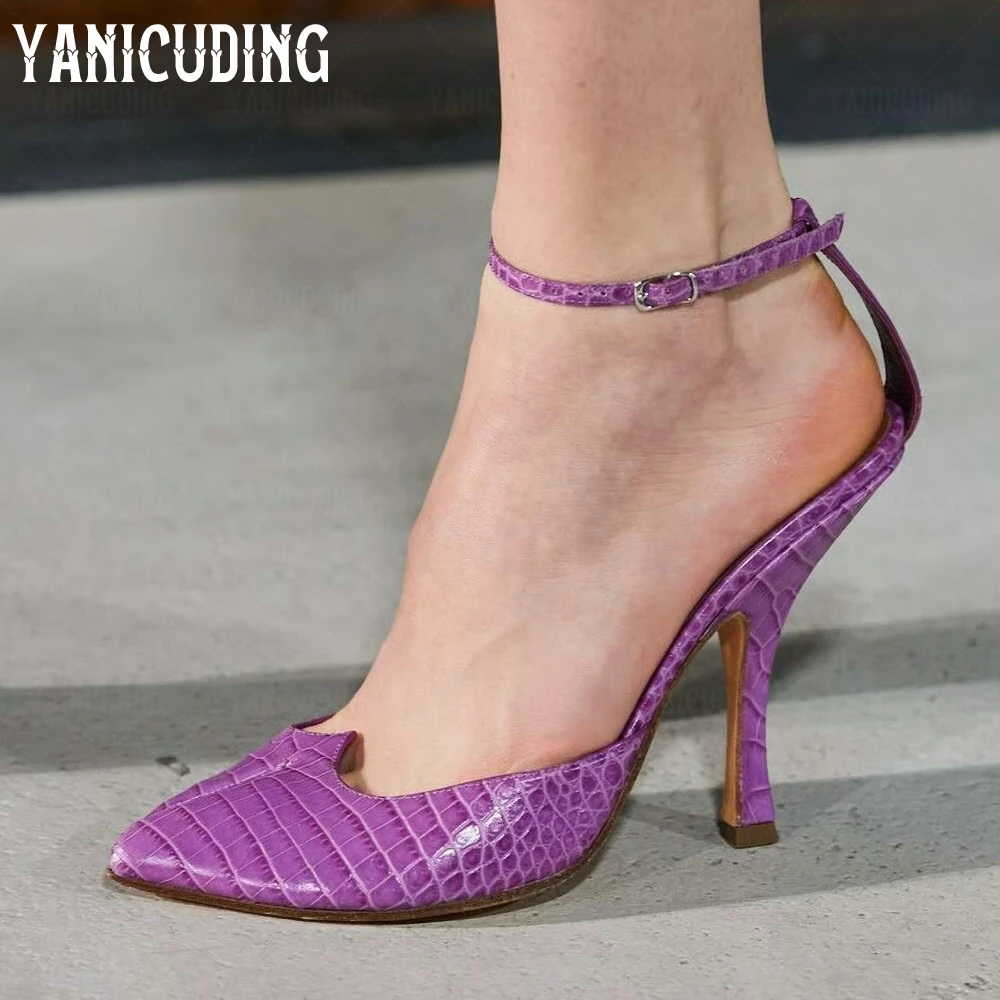 

Фиолетовые туфли-лодочки на шпильке с острым носком и ремешком на щиколотке с регулируемой пряжкой и ремешком на щиколотке, новинка, женские туфли на высоком каблуке