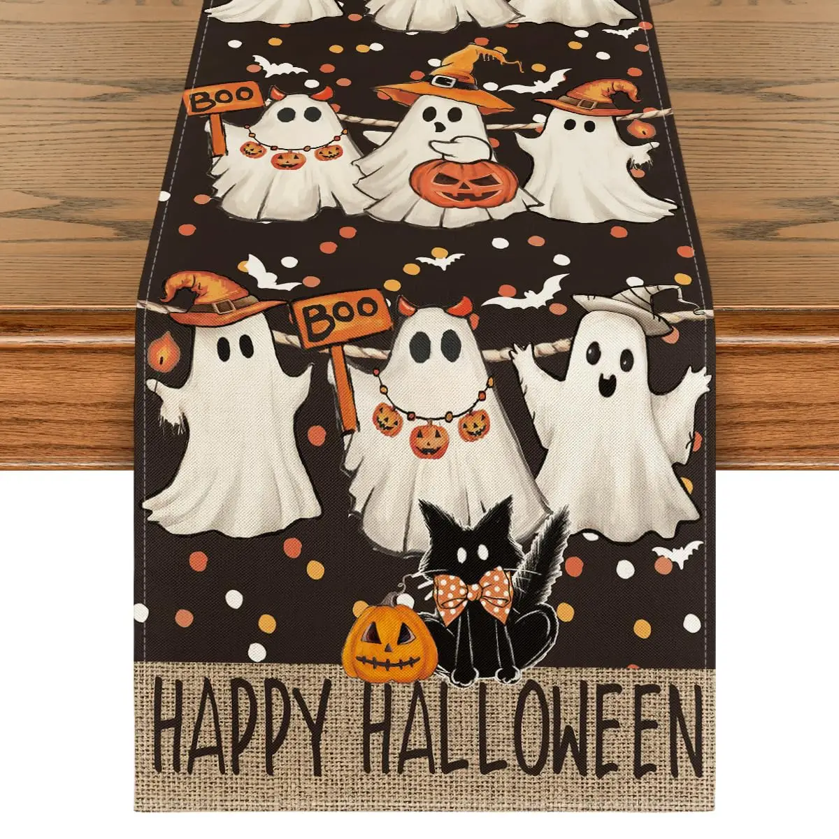 

Ghost Jack-O'-Lantern Black Cat Halloween Table Runner,Holiday Kitchen Dining Table Decoration for Home Party Decor