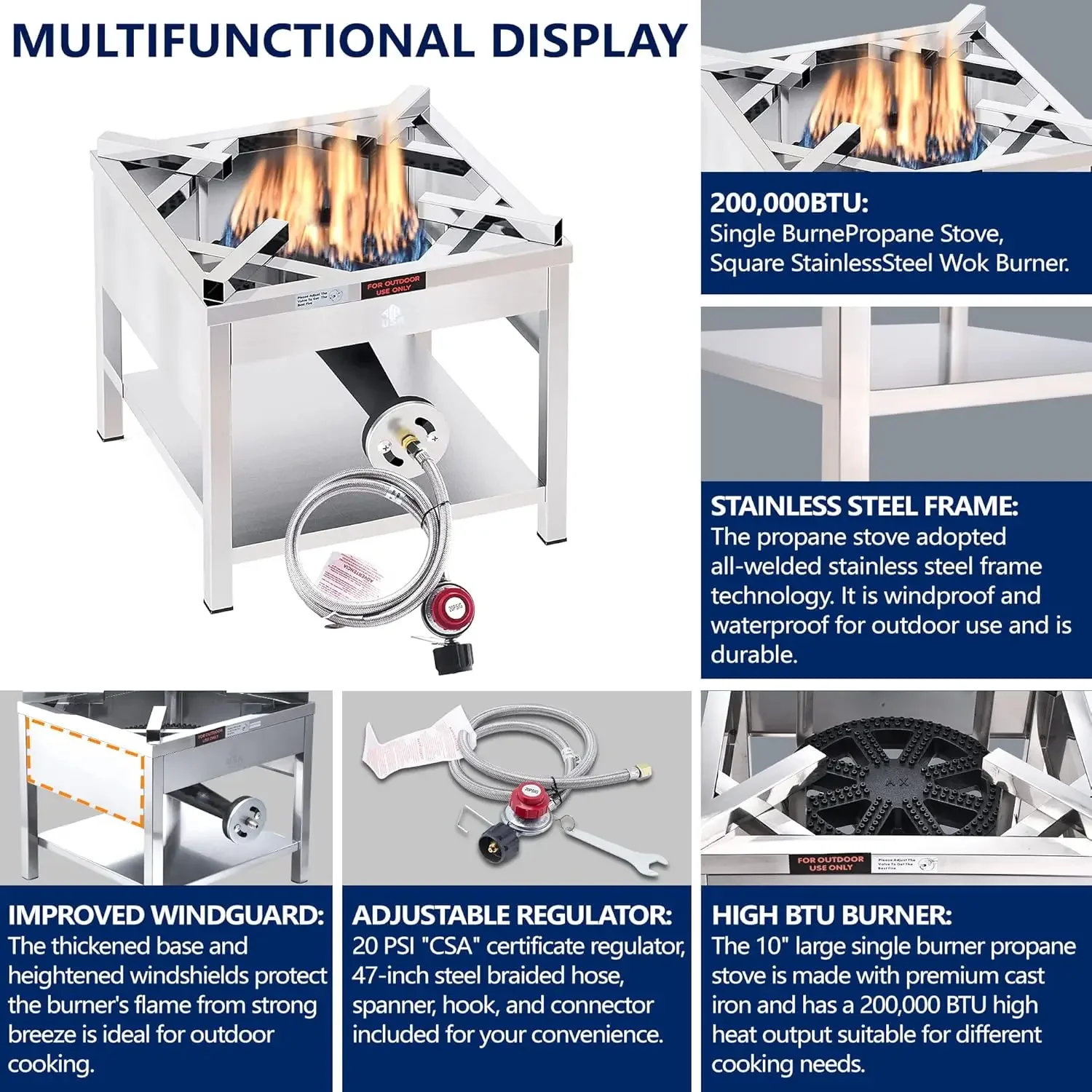 Estufa de propano de un solo quemador de acero inoxidable, cocina con quemador de propano para exteriores extragrande y resistente de alta presión de 200.000BTU, quemadura
