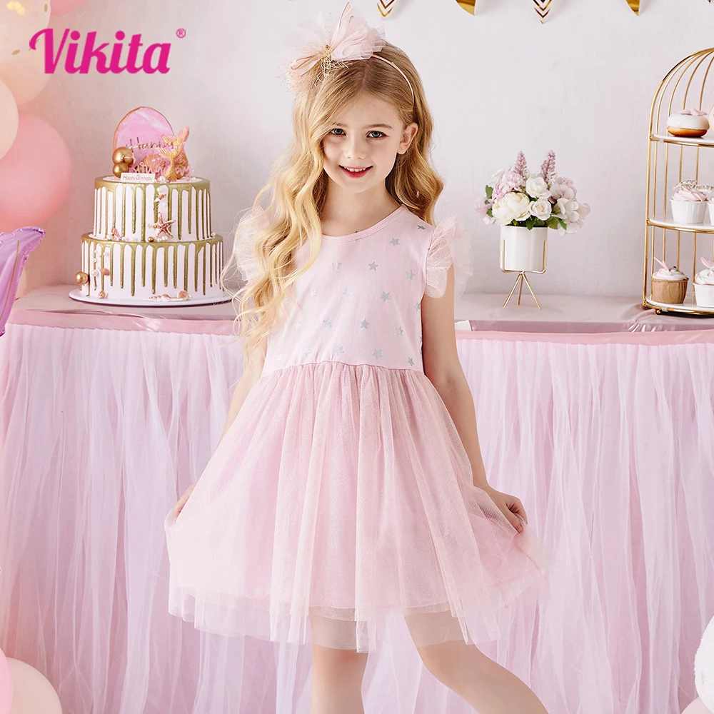 VIKITA Kids Flare Sleeve Summer Dresses Girls Star Print Mesh Tulle Tutu Princess Party Dress Kids Pink Casual Patchwork Dresses