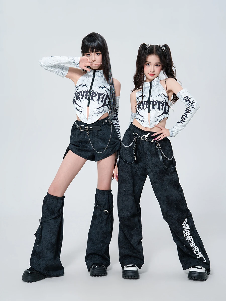 Trajes de baile de Jazz modernos 2025 para niñas, Tops plateados, pantalones sueltos, traje de práctica, ropa de calle, ropa de actuación de Hip Hop DQS19715