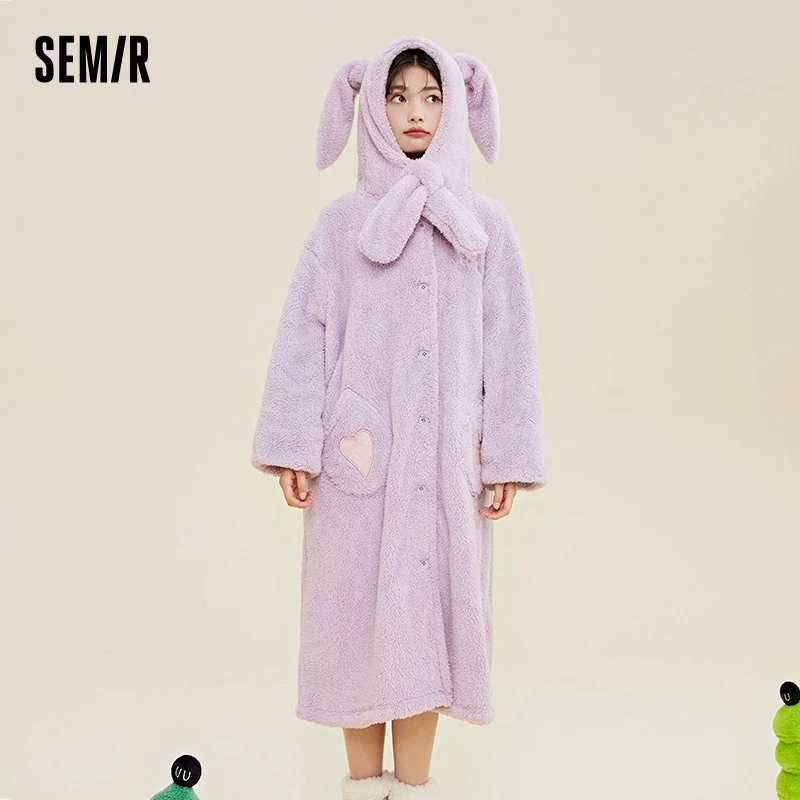 

Semir Home Robe Women Winter Hooded Rabbit Outerwear Homewear Coral Fleece Long Fluffy Thick Fleece Pajamas