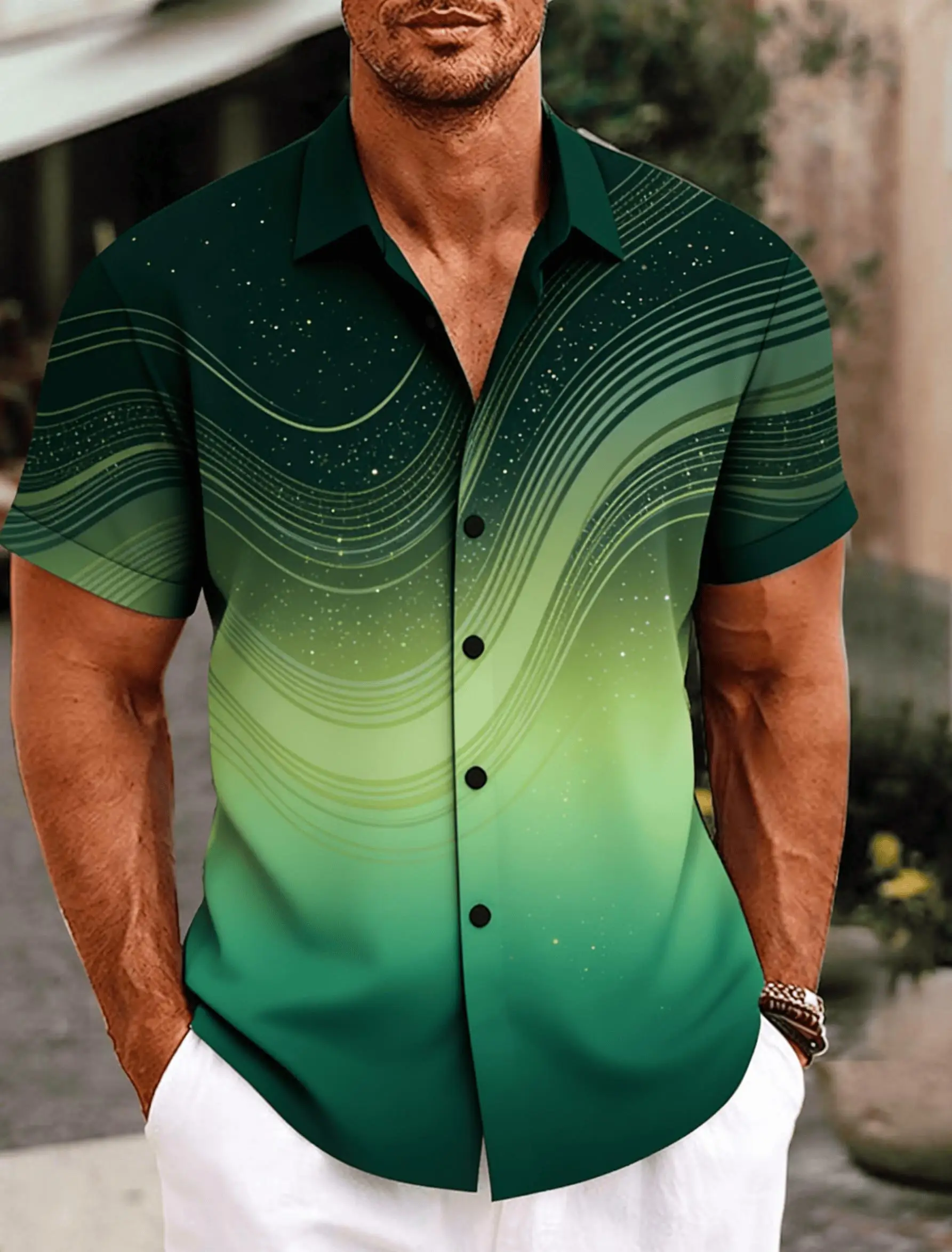 

Men's Gradient Line Print Short Sleeve Shirt, Spring Summer Forest Vacation Casual Top, Pocket Lapel Style