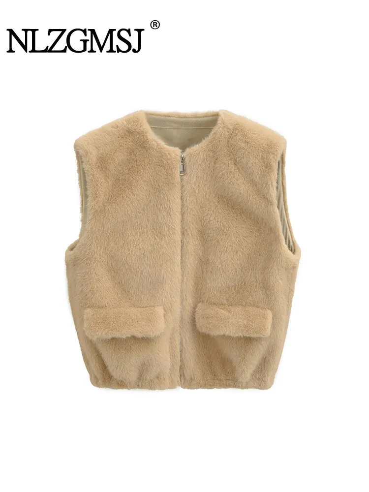Nlzgmsj  Autumn Winter Faux Fur Vest Women New Fashion zipper  Fur Vest Coat Female Sleeveless Leisure Warm Outwears