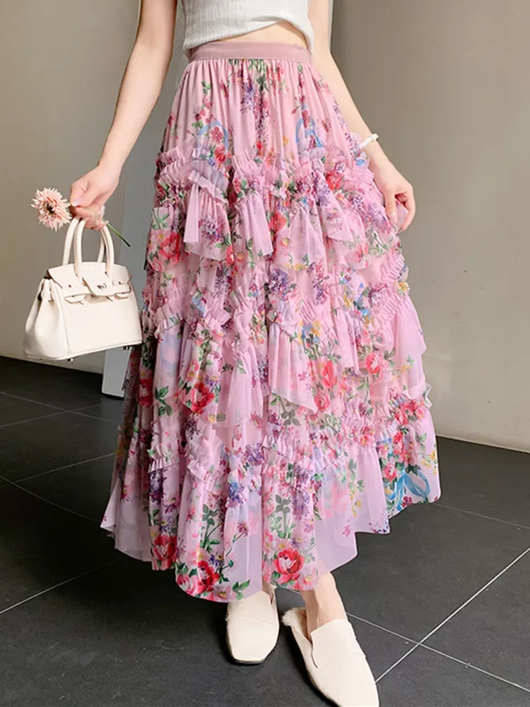 French Vintage Ruffles Splicing Mesh Skirt Female Summer New Women\'s Floral Print Colorful Puffy Cake Long Skirts