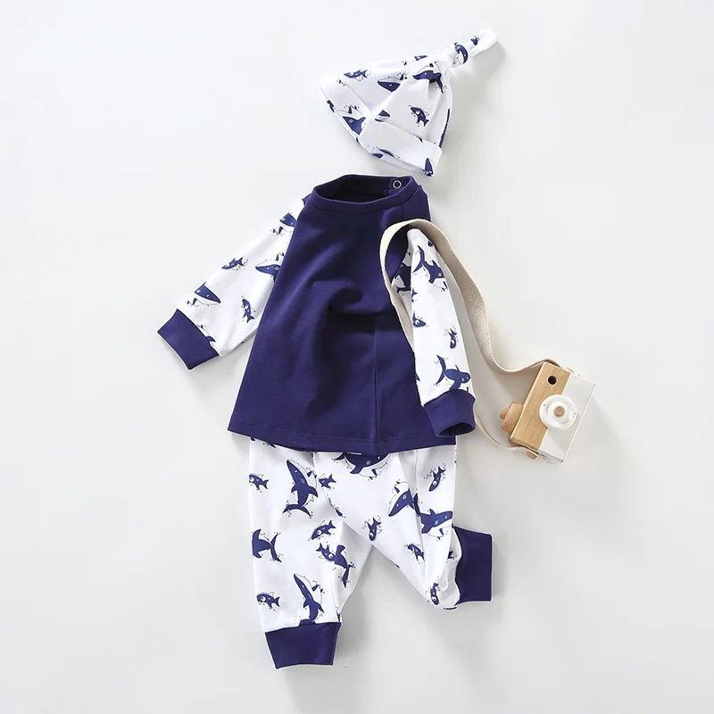 3M-24M Newborn Baby Boy Clothing Set Print Cotton Top Pants Hats 3pcs Outfit Set Infant Autumn Spring Layette Gift Set