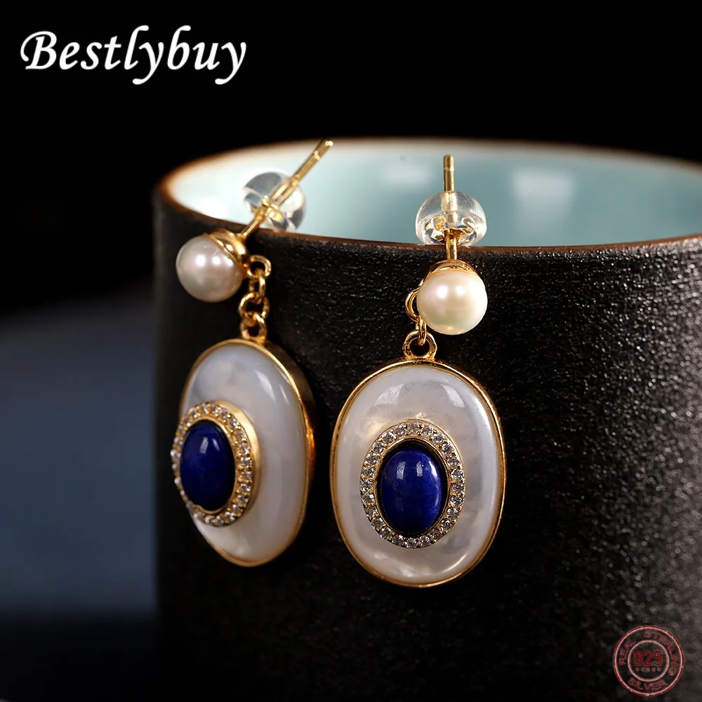 

925 Pure Silver Gold-plated Inlaid Natural Lapis Lazuli Mother Of Pearl Earrings For Women Vintage Light Luxury High-end Jewelry
