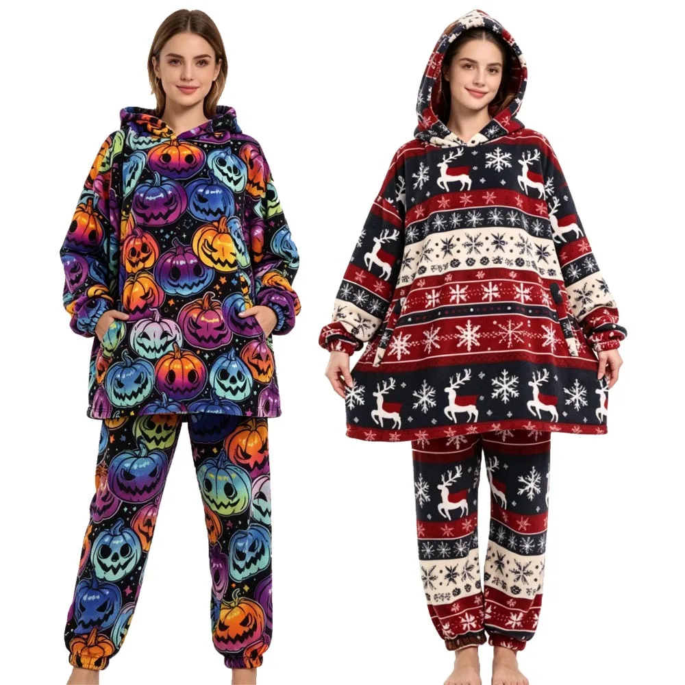 Winter Pajamas for Woman / Man Warm Plush Hooded Pijamas Pants Set Couple Pajama Matching White Green Avocado Panda Home Clothes