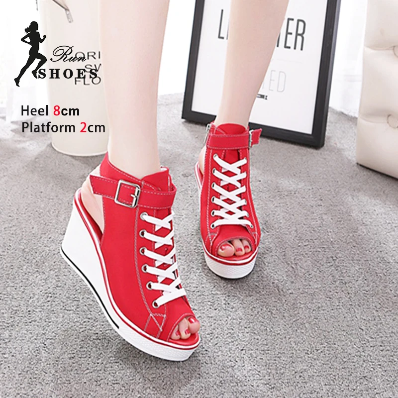 8CM Casual Canvas Shoes 2024 Spring Summer Sexy Peep Toe Hollow Women Shoes Breathable High-top Outdoor Platform Chaussure Femme