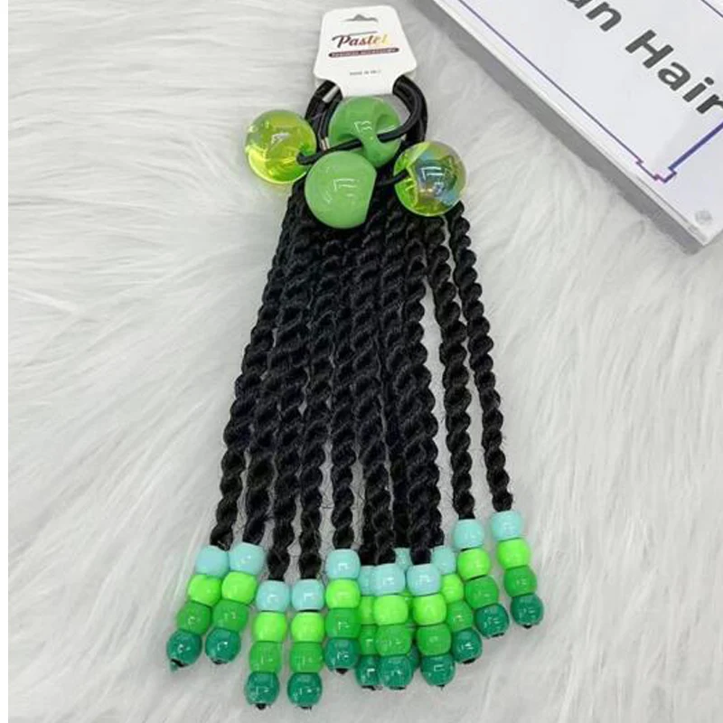 new arrival kids braided elastic ponytails with 30mm bobbles box braid blue green white beads with colorful bow tie