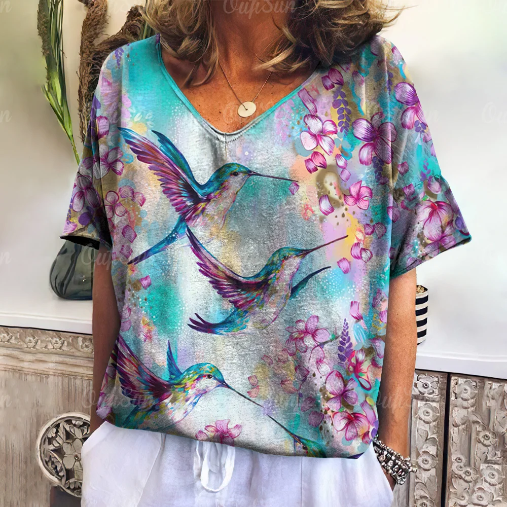 

Женские футболки с графическим 3d принтом птиц, летние футболки с v-образным вырезом и короткими рукавами, повседневная футболка большого размера в стиле Харадзюку, женская одежда