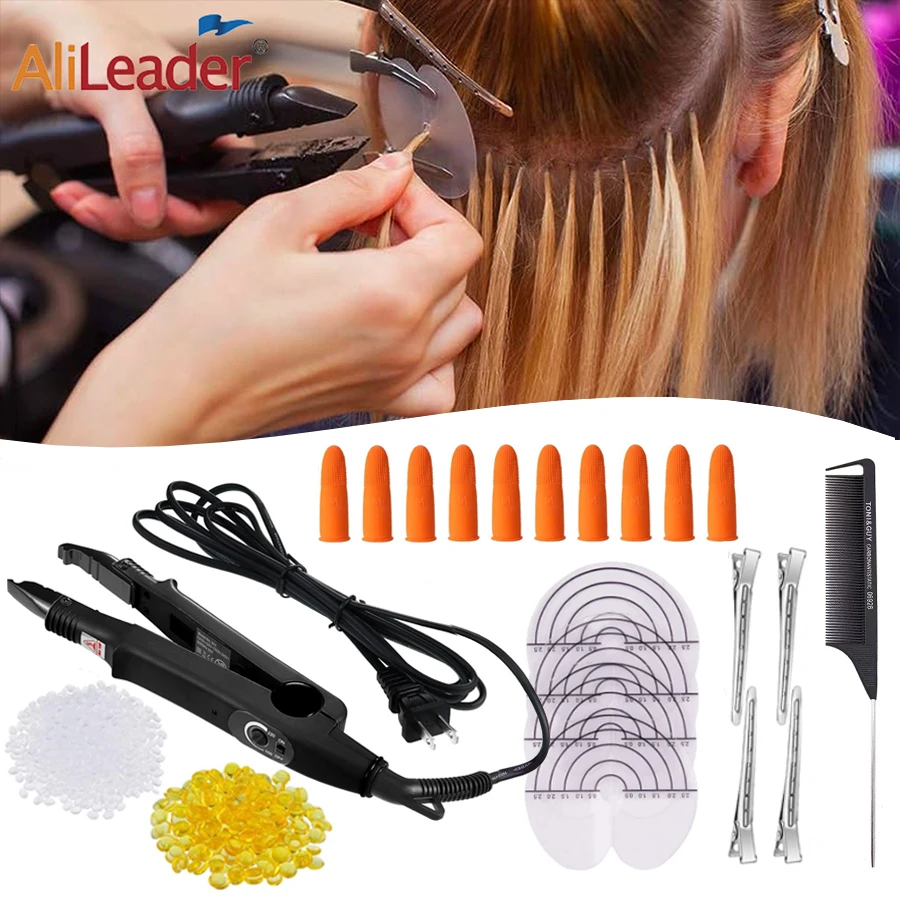 

Hair Extension Fusion Iron Tool Set+Keratin Glue Beads+Fusion Glue Protector Templates+Hair Clips+Finger Protector+Rat-tail Comb