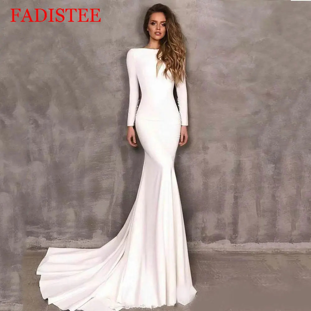 Simple Satin Mermaid Wedding Dresses Open Back Long Sleeves Elegant Boho Sexy Backless Bride Dress Vestido De Novia Customized