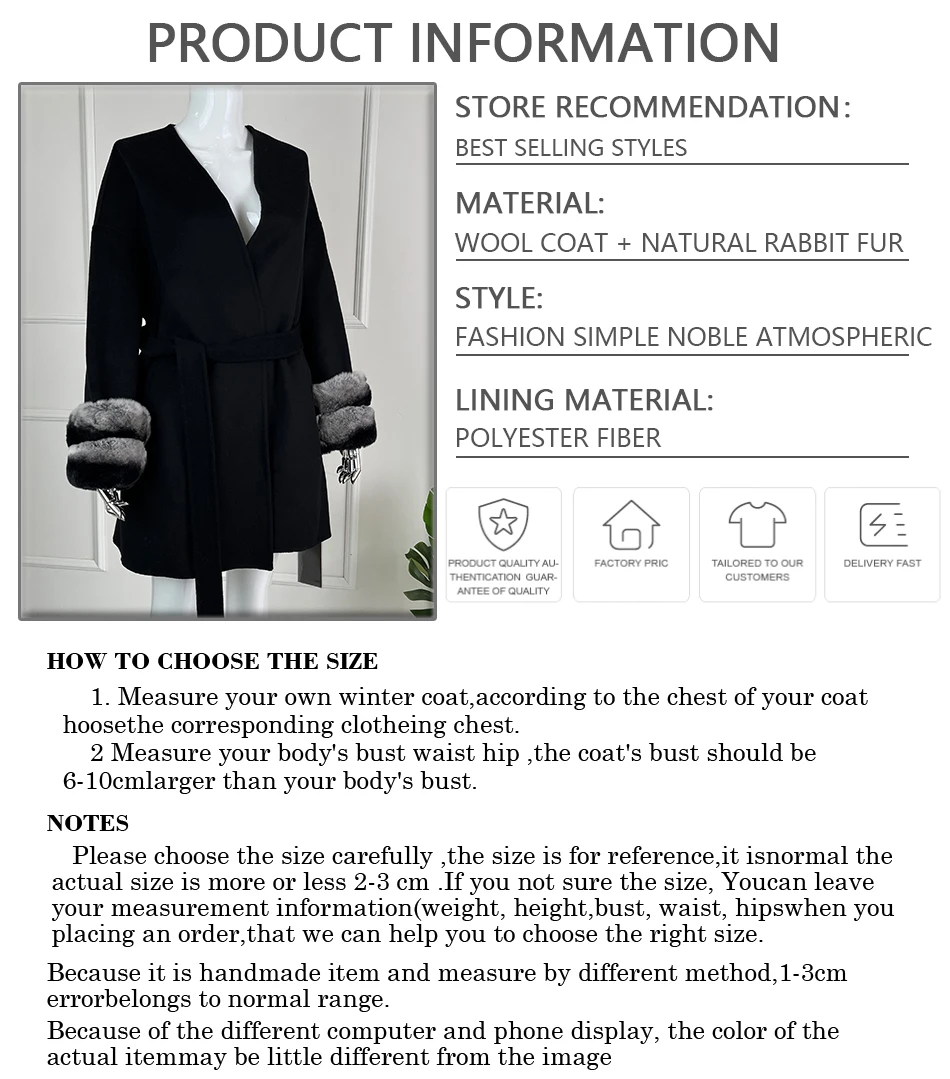 Womens Jackets Cashmere Coat Women Luxury Real Wool Coat With Natural Rex Rabbit Fur Cuffs Mid-Length Clothes